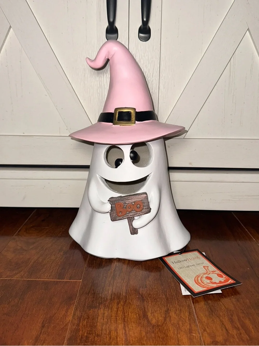 Hallow Home Pink Witch Hat LED Ghost Halloween Figurine with Boo Sign
